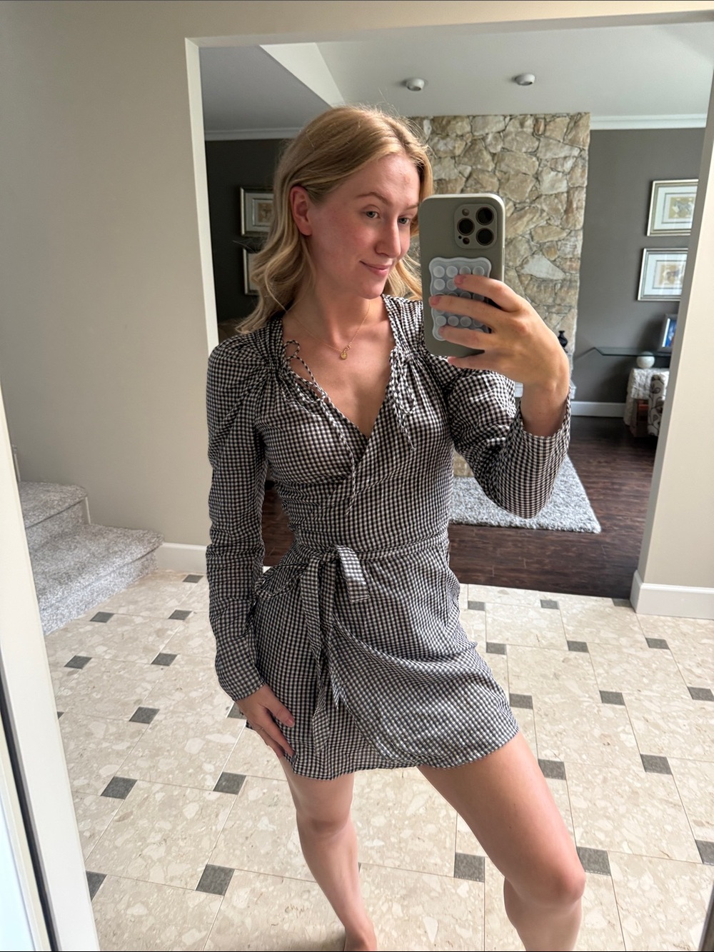 Black and White Gingham Wrap Mini Dress with Tie Waist